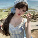 YESMYTOOL  -  Lace Suspender Plaid Dress For Women's 2024 Summer New Popular Clothing Korean Fashion Elegant Party High Quality Short Dresses.