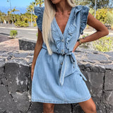 YESMYTOOL  -  Elegant V Neck Single Breasted Denim Dress New Flying Sleeve Lace-up Ruffle Slim Dress Fashion Casual Holiday A-line Short Dress