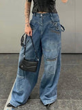 YESMYTOOL  -  Women's Multi-pocket Distressed Jeans Female Long Pants Straight Wide-leg Zipper Streamer denim trouser  Spring New Fashion 2024