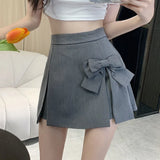 YESMYTOOL  -   Bow Slit Mini Skirt Women Kawaii Cute Skort Korean Fashion Elegant High Waist Patchwork Solid Slim A-Line Skirt Shorts