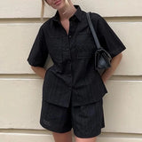 YESMYTOOL  -  Casual Lapel Button Shirt and Shorts Suit Elegant Solid Color Pockets Summer Outfit Fashion Lace Hollow Out Women Two Piece Sets