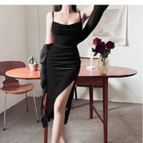 YESMYTOOL  -  2024 New Velvet Dress Backless Sleeveless Slip Sexy Slit Maxi Dress Fashion Evening Party Women Elegant Streetwear Y2K