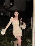 YESMYTOOL  -  Retro Beige Square Neck Lace Mini Dress Flare Long Sleeve Birthday Party Dress Women Elegant Autumn Winter A-line Short Dresses