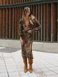 YESMYTOOL  -  Fashion Leopard Print Long Sleeve Dress For Women V-neck Side Split Casual Loose Dresses 2024 New Lady High Street Vestidos