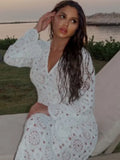 YESMYTOOL  -  Elegant Hollow Out Flare Sleeve Dress Fashion Women Casual V-neck White Maxi Robe Female Holdiay Party Vestidos Long Dresses