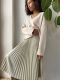 YESMYTOOL  - Chic Pleated Long Skirts 2024 New Elastic Waist French Elegant Women Skirts For Spring Fall A-line Casual Retro Lady Skirts