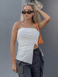 YESMYTOOL  -  Summer Knit Strapless White Tops Women Sexy Asymmetrical Split Black Tops Tanks High Street Women tops Y2K Short Tops T Shirts