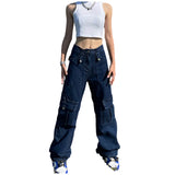 YESMYTOOL  -   American Vintage Blue Cargo Jeans Fashion High Waist Pocket Straight Pants High Street Y2K Baggy Wide Leg Denim Trouser Autumn