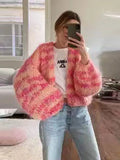 YESMYTOOL  -  Women Rainbow Striped Loose Knitted Cardigans Fashion Long Sleeved Casual Cropped Sweaters Autumn Female Street Outwear 2024