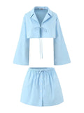 YESMYTOOL  - Light Blue Skirt Set Women Summer 2 Pcs Outfits Summer Spring Bowknot Buttons Female Set 2024 Flare Sleeve Top Skirt Set