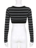 YESMYTOOL  -   Y2K Grunge Punk Grey Striped Print Long Sleeve Cropped Tops Mall Gothic Streetwear U-neck Button Up Sexy T-shirts Slim