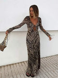 YESMYTOOL  -  Elegant Stripe Print Flare Sleeves Maxi Dress For Women Sexy Hollow Out Lace-up Long Robes 2024 Autumn New Lady Street Vestidos