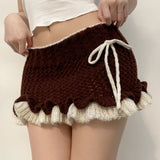 YESMYTOOL  -  y2k Aesthetic Brown Knitted Mini Skirt Bodycon Ruffles Tie Up Cute Women's Skirt Ruched Hottie Vintage Cloth Bottoms