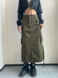 YESMYTOOL  -  Long Cargo Skirt Women Y2k Streetwear Vintage Pocket High Waist Side Split Shirring Casual Straight Skirt Korean Faldas