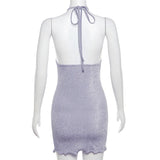 YESMYTOOL  -  Purple Glitter Sexy Summer Dress 2024 Frill Hollow Out Halter Mini Dresses For Women Night Club Rave Festival Outfits