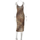 YESMYTOOL  -  Mid-claf Beach Holiday Dress 2024 Leopard Print Summer Slip Dresses for Women Elegant Sexy V-neck Sleeveless High Waist Dress