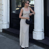 YESMYTOOL  - Black White Striped Knitted Beach Dress Women Elegant Casual Sleeveless Loose Long Dresses Summer Holiday Vacation Outfits 2024