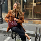 YESMYTOOL -  Fall Outfits 2024 Women Retro Brown Lapel Blazer Jacket Fashion Single Breasted Long Sleeves Office Suit Coats Autumn New Lady Commute Outerwear