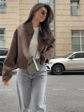 YESMYTOOL  -  Fashion Brown Short Woolen Jacket For Women Elegant Lapel Long Sleeves Zipper Cropped Coats Autumn Chic Lady High Street Outwear