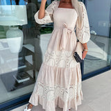 YESMYTOOL  -  Elegant Retro White Lace Jacquard Women Dress Office Ladies Temperament Off Shoulder Maxi Dresses 2024Long Evening Party Dress