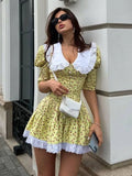 YESMYTOOL  -  Girls Sweet Peter Pan Collar Short Corset Dress Streetwear Y2K Summer Floral Print Puff Sleeve Bandage Tunics A-line Dresses