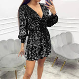 YESMYTOOL  -  Sexy Deep V-neck Long Sleeve Mini Dress Women Fashion Shiny Sequins Lace-up A-Line Dress Fashion Hight Waist Club Party Dresses