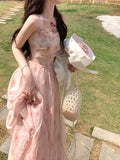 YESMYTOOL  -  Halterneck Dress For Women's Korean Pink Rose Chiffon Clothing 2024 New Summer Elegant Party Korean Fashion Floral Long Dresses.