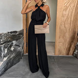 YESMYTOOL  -  Sexy Halter Off Shoulder Commuter Jumpsuit Women Spring Solid High Waist Straight Romper Summer Back Zip Wide Leg Pants Overalls