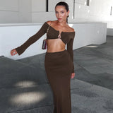 YESMYTOOL  -   Fashion Off Shoulder Ruched Dress Sets Autumn Vacation Beachwear Matching Sets Sexy Split Two Piece Sets Outfits