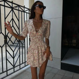 YESMYTOOL  -   Floral Printed Mini Dress 2024 Summer New Sweet Sexy V Neck Short Sleeve Tiered Short Vestidos Elegant Fashion Ruffles Dresses