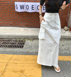 YESMYTOOL  - 2024 New Summer New Fashion High Waist Drawstring Cardo Skirt Casual Sportwear Solid Color Large Pocket Straight Long Skirt