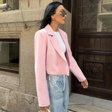 YESMYTOOL  -  Pink Casual Short Blazers For Women Loose 2024 Autumn Winter New Top Long Sleeve Solid Notched Lady Fashion Blazers Coat