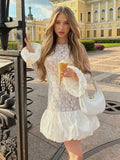 YESMYTOOL  -  Women's Long Sleeve See-Through Lace Cake Dress Fashion Patchwork Folds Mini Dress Sexy Slim Hot Girl Club Party Clothing