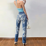 YESMYTOOL  -   Y2k Jeans Vintage Streetwear Women Butterfly Print Cotton High Waist Denim Trousers Blue Black E Girl Straight Leg Pants