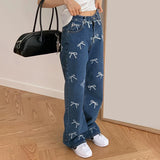 YESMYTOOL  -   Korean Fashion Bow Pattern Printed Women Jeans Low Waisted Straight Leg Denim Trousers Cute Sweet Harajuku Sweatpants