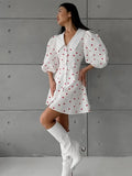 YESMYTOOL  -  Womens Red Loving Heart Print Cotton Dress 2024 Fashion Sweet Girls Single Breasted High Waist Tunics A-line Short White Dresses