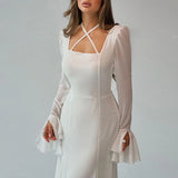 YESMYTOOL  -  2024 New Autumn Halter Flared Sleeve Dress Fashion Off Shoulder High Waist Pleated Dress Women Elegant Solid Lace Up Long Dress