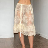 YESMYTOOL  -  Beige Lace Midi Skirt Women Sexy See Through Beach Bikini Cover Up Skirts Summer Fashion Shirring High Waist Holiday Skirt 2024