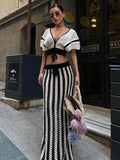 YESMYTOOL  -  Summer Knitted Beach Skirt Sets Women Sexy Hollow Out Slim Bohemian Outfits Fashion Striped Holiday Two Piece Set 2024 Beachwear