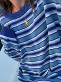 YESMYTOOL  -  Women Casual Blue Striped Sweater Tops Fashion Loose Long Sleeve O-neck Knitted Jumpers Autumn Ladies High Street Knitwear