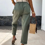 YESMYTOOL  -  Office Lady Elastic Waist Pocket Long Pants Vintage Loose Pleated Sports Trousers Summer Casual High Street Solid Straight Pants