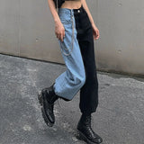 YESMYTOOL  - 2024 Summer New Black Blue Patchwork High Waist Split Jeans Fashion Baggy Straight Long Denim Pants Casual Women's Trousers