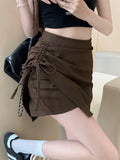 YESMYTOOL  -  Summer Women Fashion Black Gray Sexy Club Lace-up Mini Pleated Skirt Korean Brown High Waist Holiday A-line Short Skirts Simple