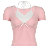 YESMYTOOL  -   Korean Fashion Pink Women T-shirts Bow Halter Lace Patched Skinny Crop Tops Coquette Clothes Sweet Cutecore Tee Girls