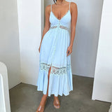 YESMYTOOL  -  Sexy Lace V-neck Split Party Dress, Blue Sleeveless Suspender Women's Long Dress New Summer Fashion Patchwork Button Beach Dress