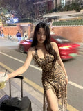 YESMYTOOL  -  Vintage Women Fashion Brown Leopard Print Irregular Halter Dress Summer Sexy Club Holiday Party Backless Mini Dress Bohemian New