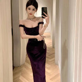 YESMYTOOL  -  Velvet Sleeveless Long One-piece Dress Gown Purple Women Elegant Party Maxi Dress