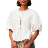 YESMYTOOL  -  White Ruched Blouse Self-tie front puff sleeves summer COTTON POPLIN Cute BLOUSE women luxury new women tops