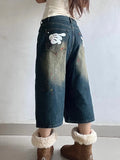 YESMYTOOL  -  Fun Graphic Print Denim Knee Length Pants American Retro Straight Wide-leg Shorts Harajuku Style Fashion Street Loose Shorts