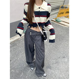 YESMYTOOL  - Grey Womans Pants High Waist Vintage Advanced Sense Straight Trouser American Baggy Wide Leg Casual Draping Feeling Suit Pants